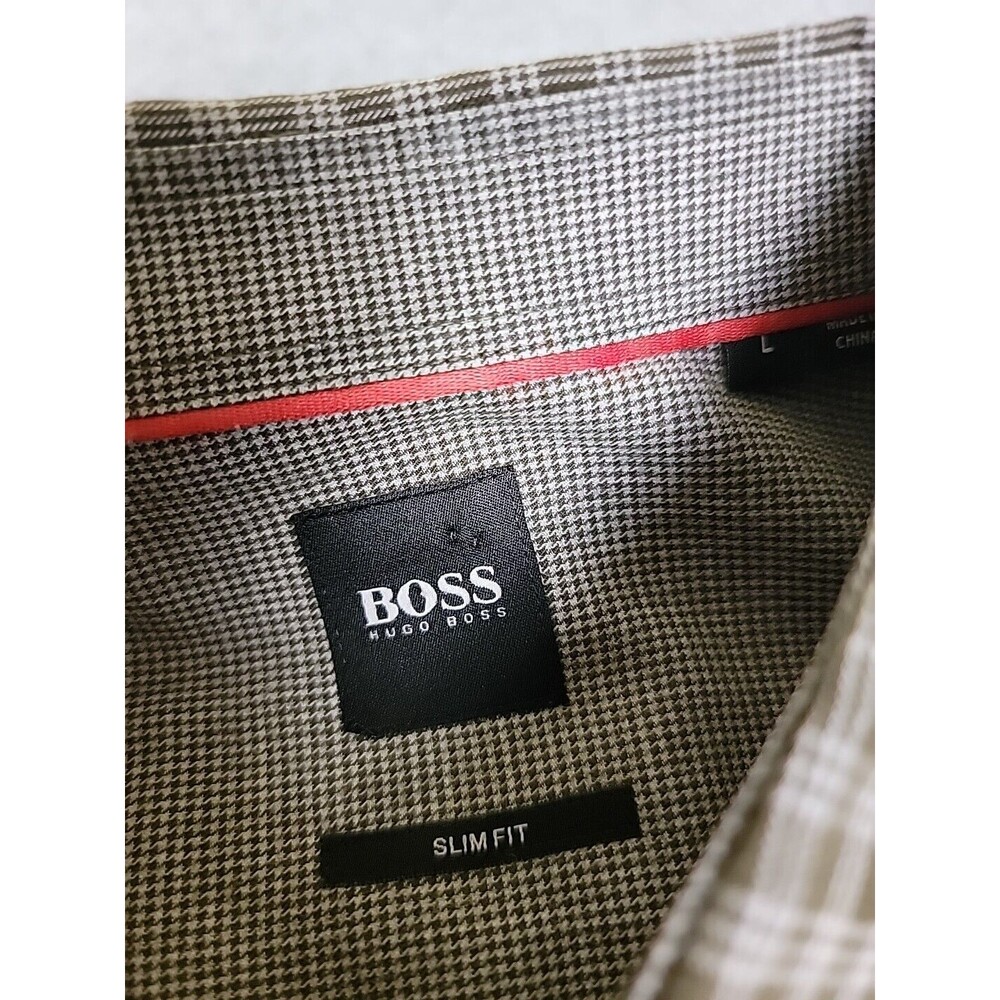 Hugo Boss Shirt Mens L Olive Green Black Plaid Slim Cotton Preppy‎ Flip Cuffs - Picture 2 of 13